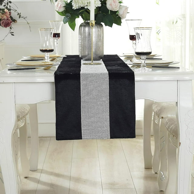 Camino de mesa negro de 180 cm con purpurina y diamantes plateados para mesa de cocina, mesa de café, tocador, decoración de armario de vinos (32 x 180 cm, negro)