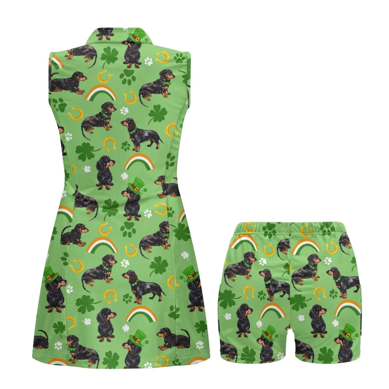 COEQINE Dachshund Shamrock Paw Print Horseshoe Pattern Women's Golf Dress for St. Patrick's Day Sleeveless Stand Collar Athletic Dresses with Built in Shorts and Pockets, XL