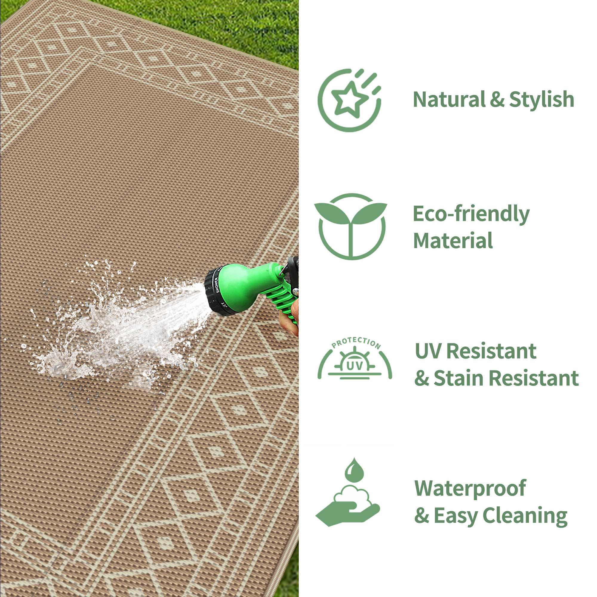 DEORAB 8'x10' Outdoor Rugs Waterproof Patio Reversible Plastic Carpet Camping Outside Mat For Garden RV Camping Porch Deck Backyard, Brown & Beige
