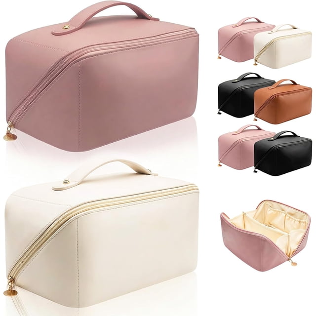 2 Packs Bolsa de Cosméticos de Viaje de Gran Capacidad, Cosmetiquera de Viaje de Cuero PU Impermeable, Neceser de Viaje para Mujer, Bolsa de Maquillaje con Asa y Separadores (Rosa + Blanco)