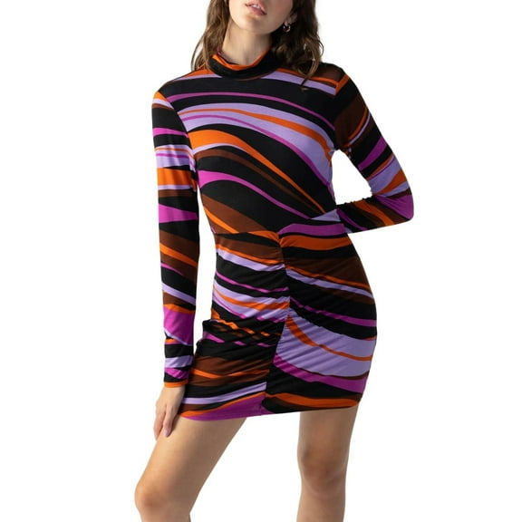 Sanctuary Women's Gravity Abstract Mock Neck Shirred Bodycon Dress Size L