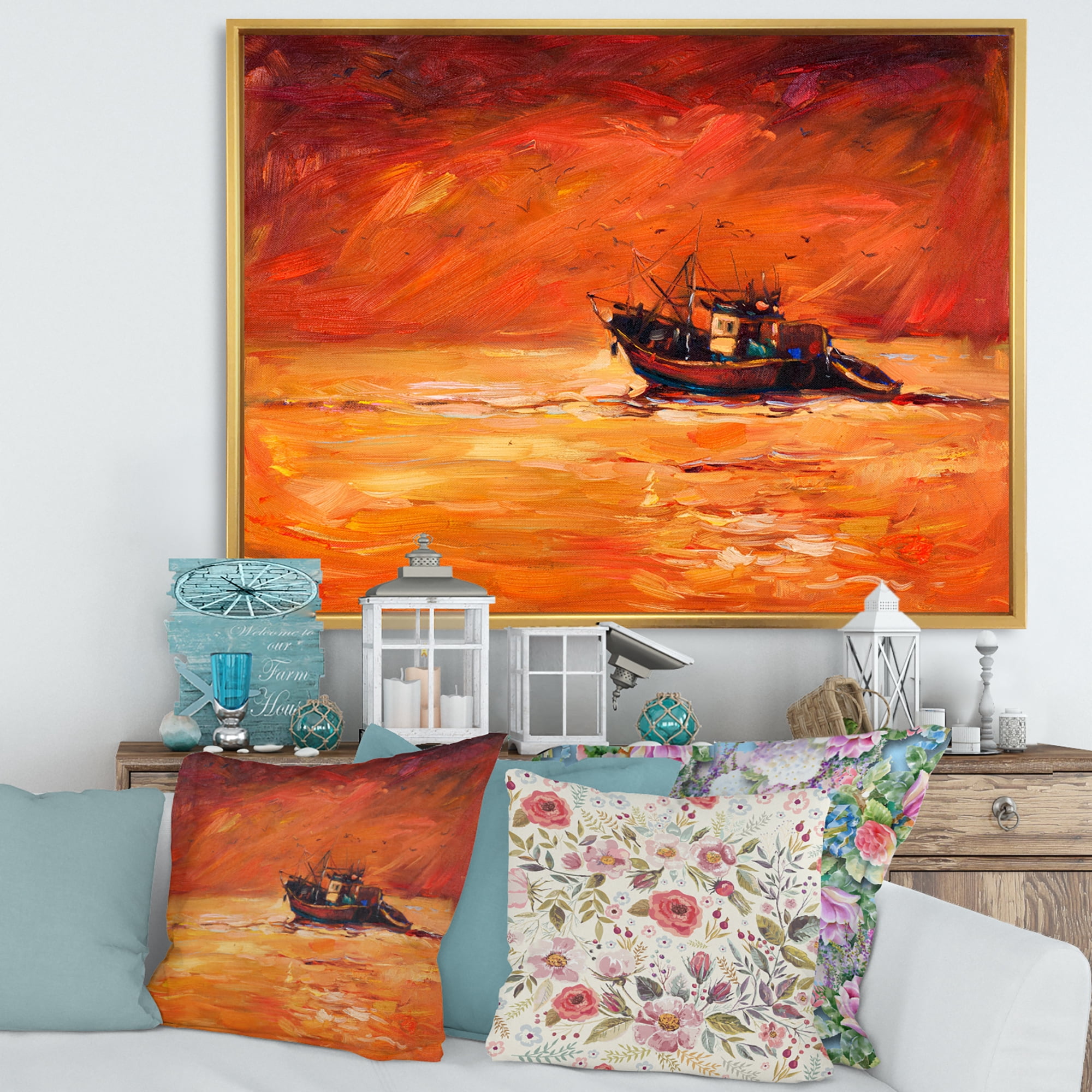Designart 'Fishing Boat During Red Evening Glow' Nautical & Coastal Framed Canvas Wall Art Print