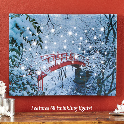 Lighted Snow Covered Bridge Canvas Wall Art Scenic Winter