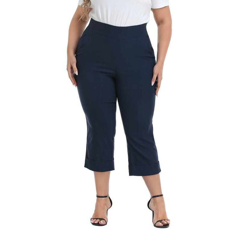 HDE Women's Plus Size Pull On Capris with Pockets Cropped Pants Navy 3X 