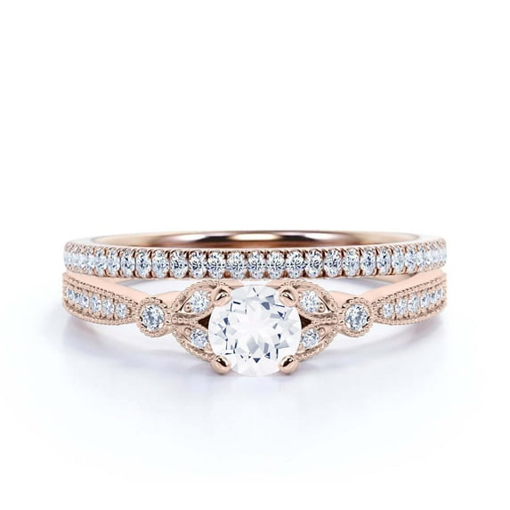 Bridal Set 2.00 Carat Round Cut Diamond Moissanite Engagement Ring, Matching Wedding Band in 925 Sterling Silver With 18k Rose Gold Plating, Leaf Ring, Gift For her, Promise Ring, Anniversary Gift