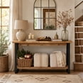 thumbnail image 4 of Finmind 63" Solid Wood Console Table with Metal Legs, Farmhouse Narrow Entryway Sofa Table Behind Couch for Living Room, Brown, 4 of 7