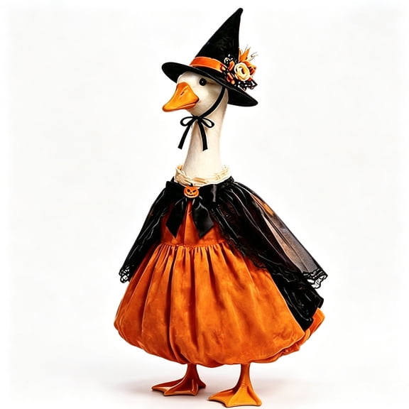 Halloween Pumpkin Wizard Goose Outfit for 23-inch Porch Goose with Witch Dress and Hat for Yard Garden Patio Decor
