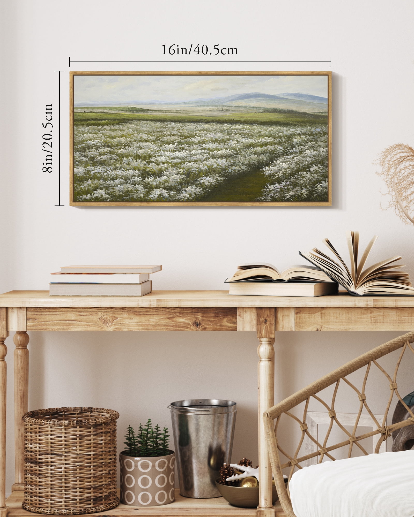 Drsoum Vintage Landscape Wall Art Meadow Sea of Flower Field Wall Prints Classic Retro Farmhouse Rustic Decorations for Living Room Bedroom 8x16in Natural Framed