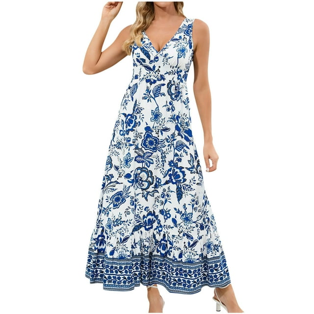 Dvkptbk Robe d'Été Décontractée pour Femme 2024 Mode Bohème à Imprimé Floral Robe de Plage Col en V Manches Courtes Taille Haute Longue Robe Maxi