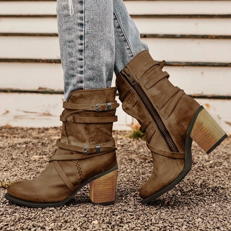 

wofedyo womens boots Women s Winter Fashion Squared Heel Vintage Round Toe Zip Up Combat Boots Shoes boots for women
