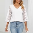 thumbnail image 4 of Birdeem Womens V- Neck Solid Color Three Quarter Sleeve Lace Flare Sleeve Panel Short Sleeve Tops, 4 of 8