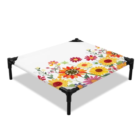 Spring Cartoon Elevated Dog Bed Multicolor Sunflower Cute Floral Leaves Cooling Breathable Outdoor Raised Dog Cot Bed with Metal Frame Non-Slip Feet for Small Dog 20x20in