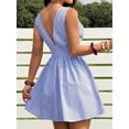 thumbnail image 3 of Blue And White Striped Sleeveless Deep V-Neck Tie-Front Mini Dress For Women, 3 of 8