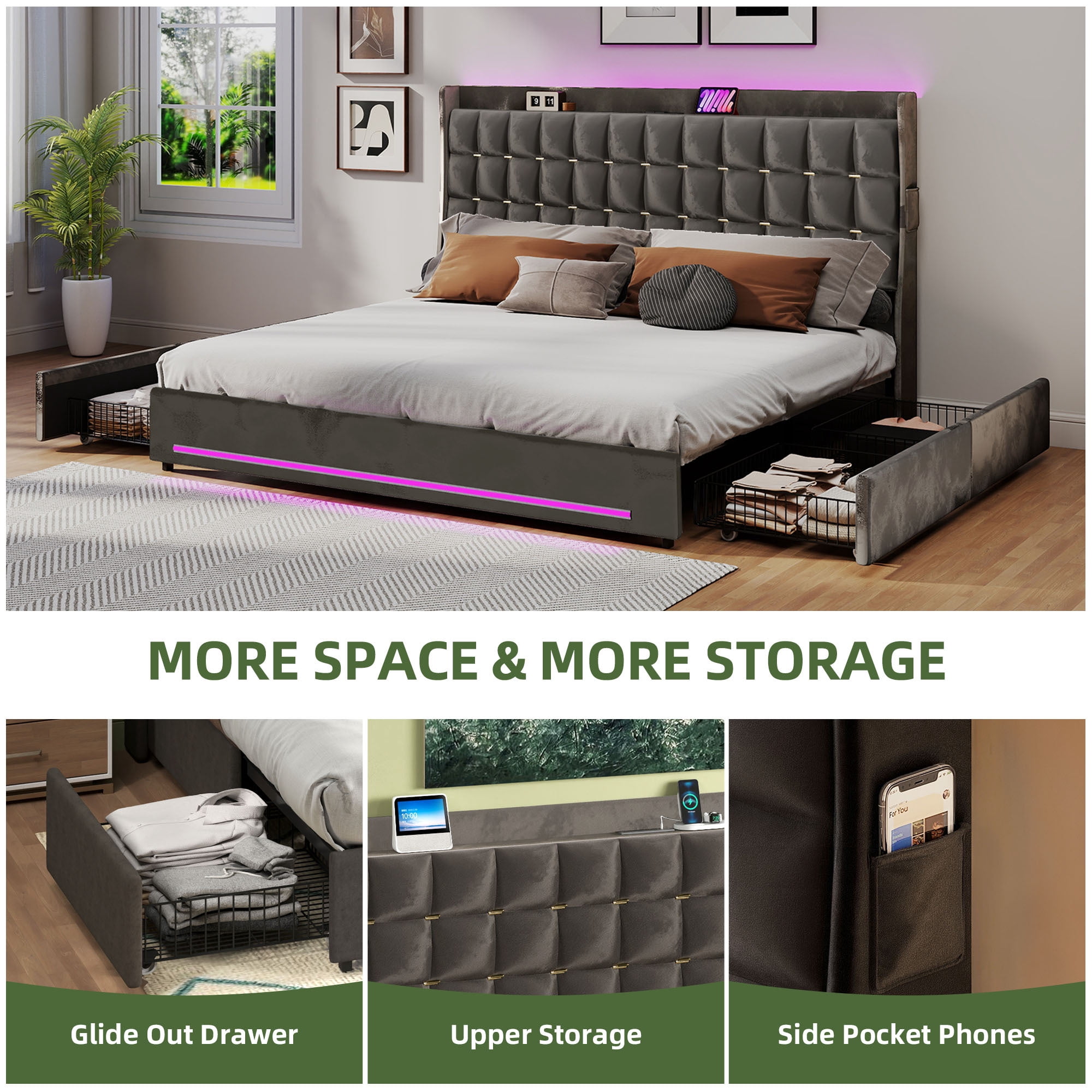Uforic Upholstered Bed Frame with Charging Station & Drawers, King Size Bed Frame with LED Lights, Gray