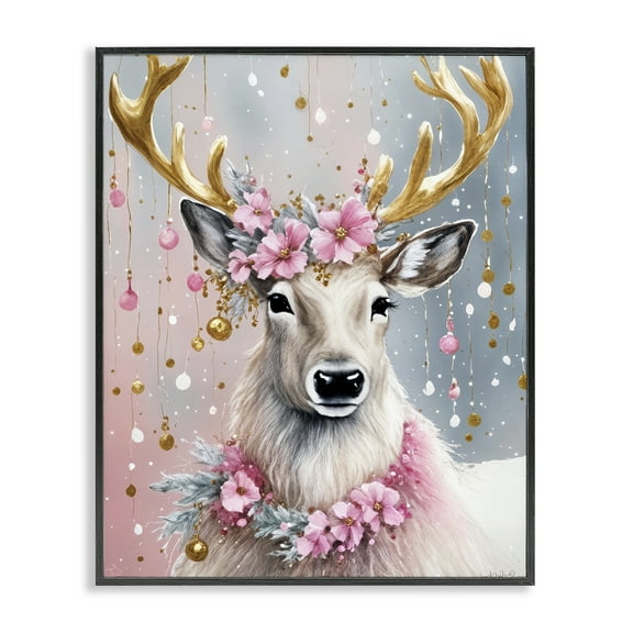 Stupell Industries Pink Floral Festive Reindeer Holiday Painting Black Framed Art Prints Wall Art, 11 x 14