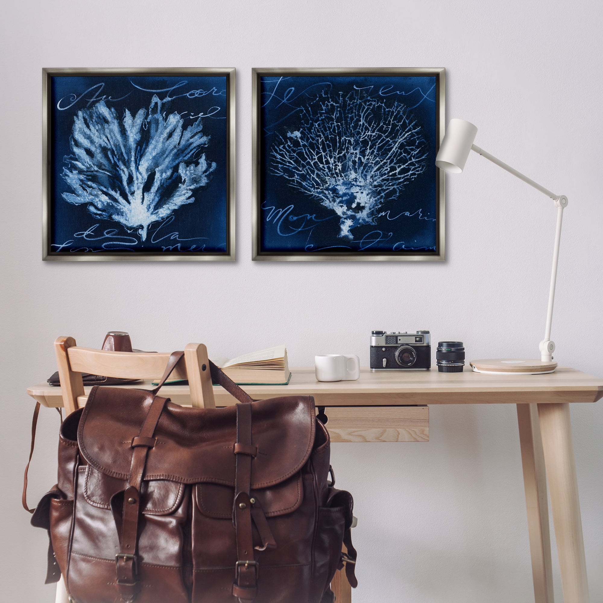 Stupell Industries Dark Blue Coral Pieces Nautical & Beach Painting Gray Floater Framed Canvas Art Print Wall Art, 25 x 25, Set of 2