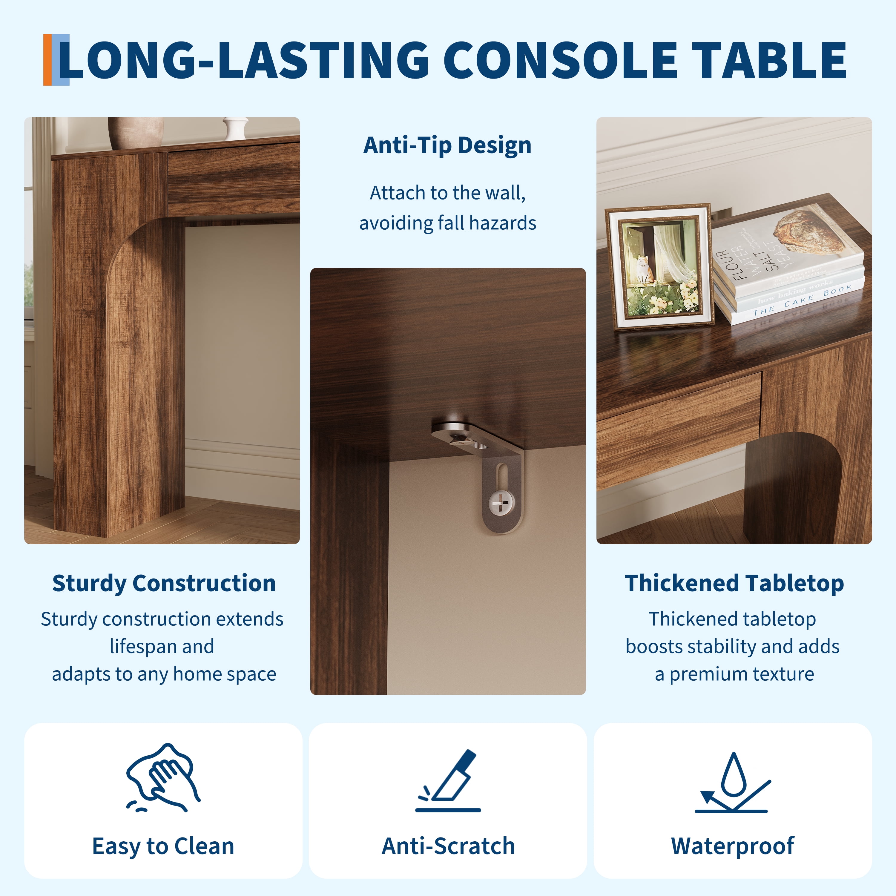 47" Long Console Table with Drawer, Narrow Entryway Table with Anti-Tipping Kit, Farmhouse Walnut Sofa Table for Hallway, Living Room, TV Stand, Vintage Brown