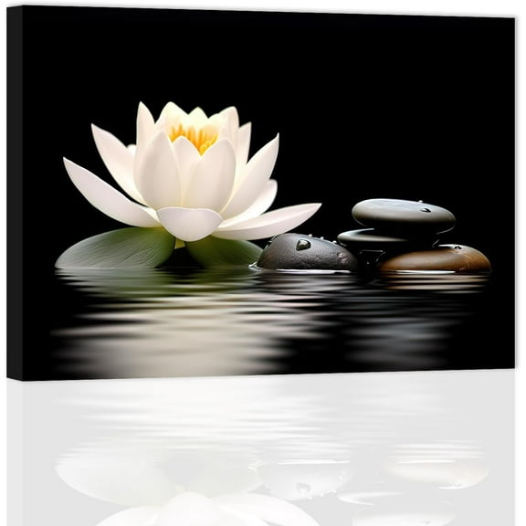 ZHONGYUTONG Zen Wall Art White Lotus Pictures Zen Stone Wall Decor Spiritual Meditation Painting Spa Artwork for Bathroom Yoga Room Office (12" x 18")