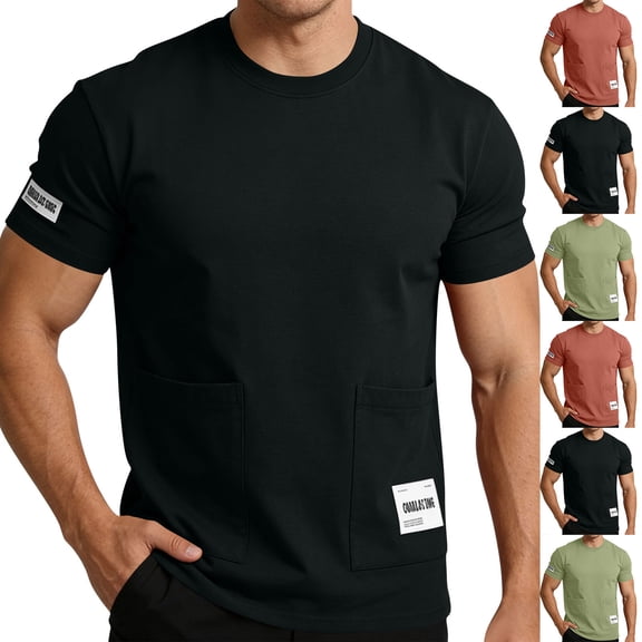 Qzwdhjm Mens Casual Shirts Round Neck Short Sleeve Tops Loose Fit T-Shirts Big and Tall Top Summer Casual Outgoing Tees with Pockets