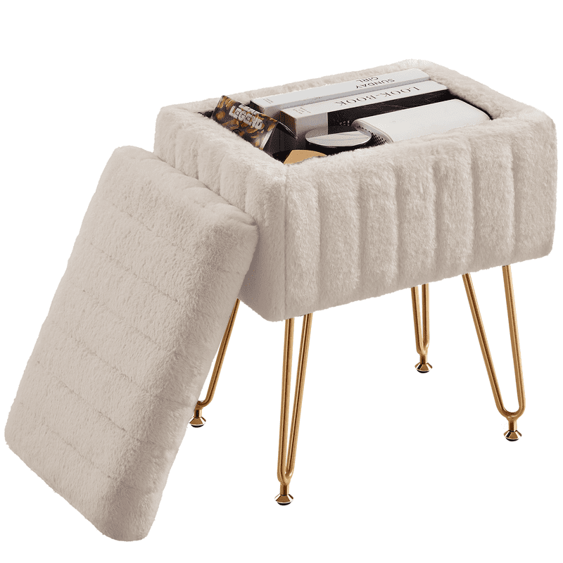 Gianna Square Ottoman with Storage, Makeup Cute Soft Small Footstool, Modern Style Faux Fur Seat with 4 Metal Legs & Adjustable Feet for Dressing, Living Room Bedroom Dorm, Camel