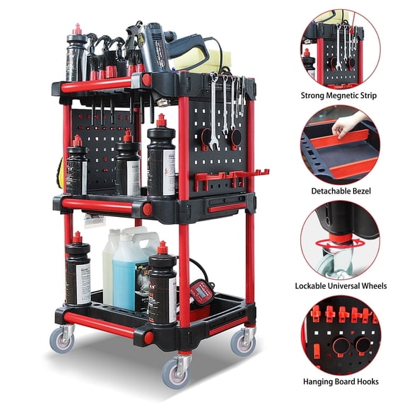 Car Detailing Cart with Wheels  DIY 3-Tier Heavy-Duty Mobile Utility Organizer for Car Wash & Auto Repairs  Adjustable Side Trays, Tool Hooks  Workshop Storage for Mechanics & Detailers