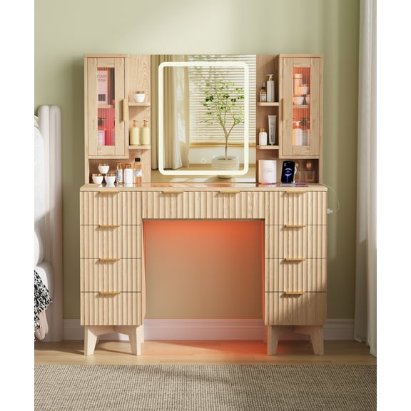 43.3" Fluted Makeup Vanity Desk with Mirror and Lights, Tempered Glass Top Vanity Table with 2 RGB Cabinets, 9 Drawers & Charging Station, Large Bedroom Dressing Table, Natural Oak