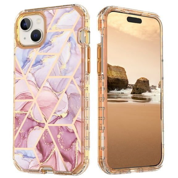 Casetego for iPhone 15 Case 6.1",Shiny Bling Marble Full Body Protective Support Wireless Charing Bumper Rugged Anti-Scratch Hybrid Rubber Case Cover,Pink