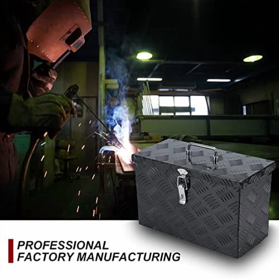 confote 16 Inch Aluminum Stripes Plated Tool Box Pick Up Truck Bed RV Trailer Toolbox Waterproof Square Storage Organizer Chest - Black