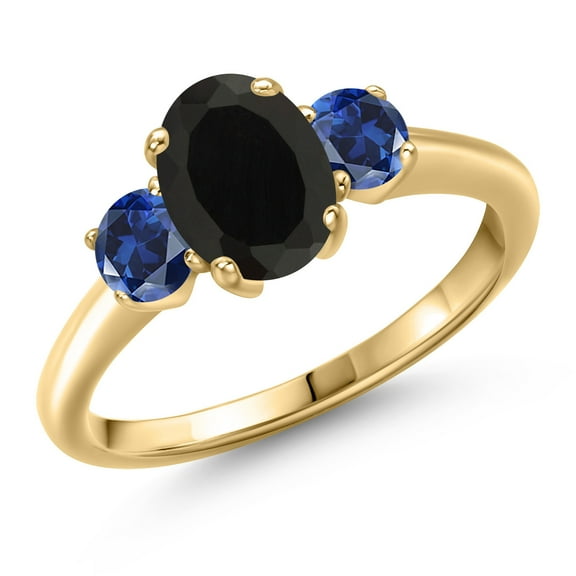 Gem Stone King 10K Yellow Gold Black Onyx and Blue Created Sapphire Engagement Ring for Women | 2.10 Cttw | Oval 8X6MM | Gemstone December Birthstone | Size 9