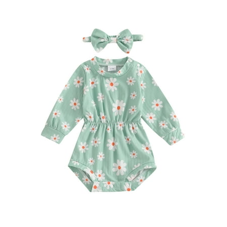 

REDWOON Baby Girls Rompers Daisy Print Round Neck Bodysuits with Headband
