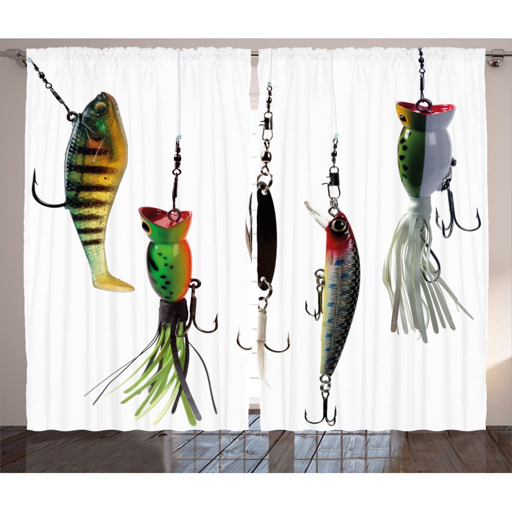 Fishing Decor Curtains 2 Panels Set, Various Type of Fishing Baits
