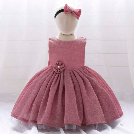

jsaierl Toddler Girls Net Yarn Embroidery Rhinestone Bowknot Sequins Birthday Party Gown Long Dresses Headband Suit