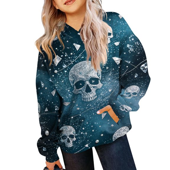 JULMCOMO Halloween Hoodie for Girl Cool Skull Print Long Sleeve Hooded Casual Loose Sweatshirt Halloween Holiday Party Hoodies with Pocket Light Blue 160