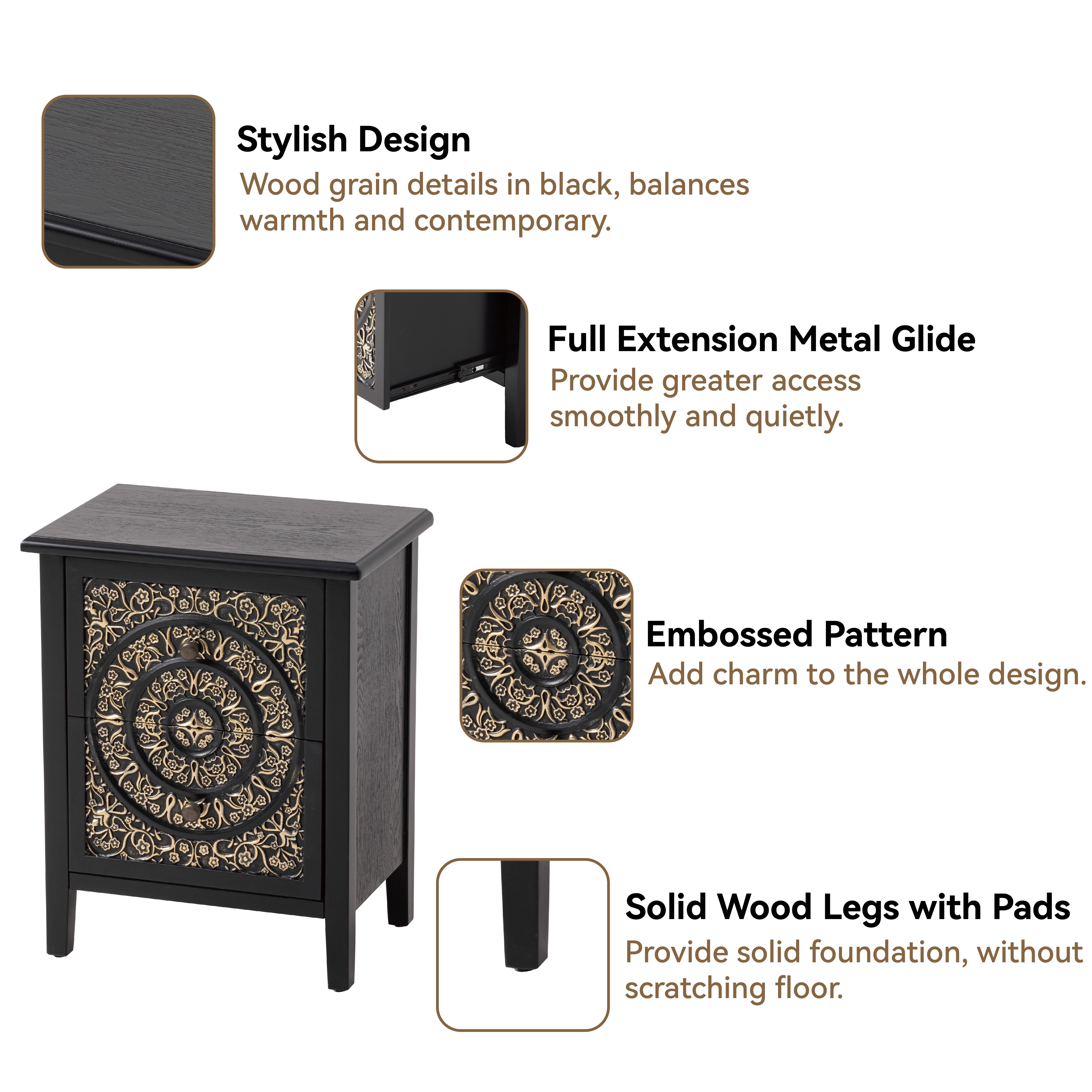 COZAYH 2-Drawer Fully-Assembled Flower Motif Nightstand for Small Spaces, French Country, Modern, Distressed Finish, Gold & Black