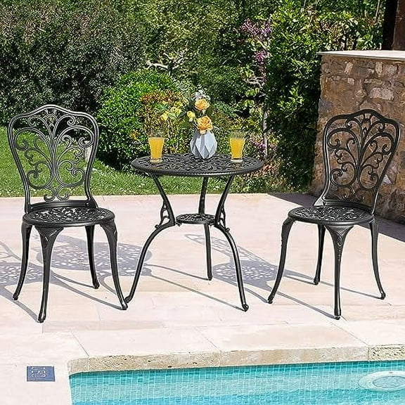 NUU GARDEN Bistro Set 3 Piece Outdoor All Weather Cast Aluminum Patio Bistro Set Patio Table and Chairs Set of 2 with Umbrella Hole for Backyard, Balcony, Front Porch, Lawn, Black