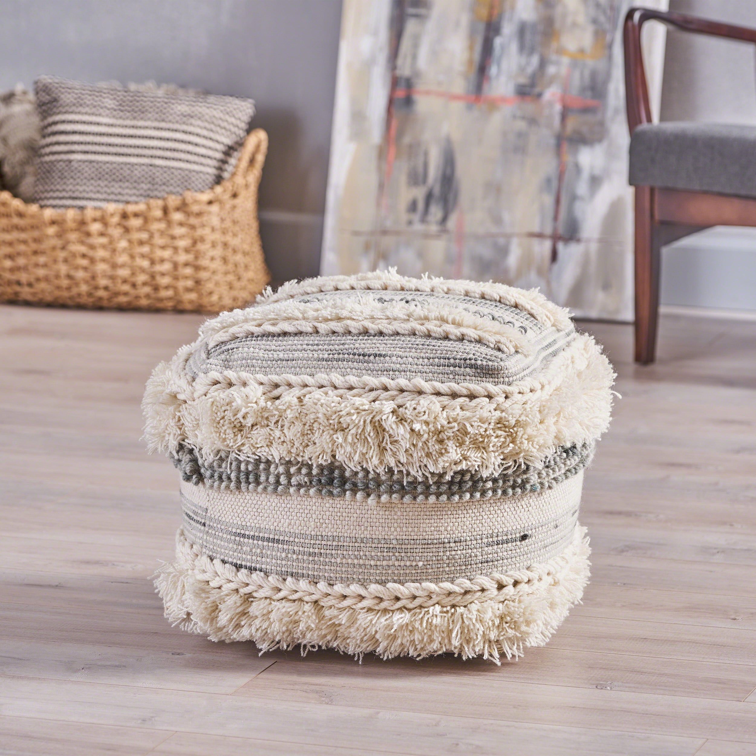 Noble House Colson Handcrafted Boho Fabric Pouf, Ivory and Gray
