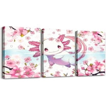 Hieng Boys Girls Cute Axolotl Canvas Wall Art for Living Room Bedroom Cartoon Salamander Picture Wall Decor Cherry Blossoms Wall Painting Posters Kids Kawaii Bathroom Wall Art Unframed