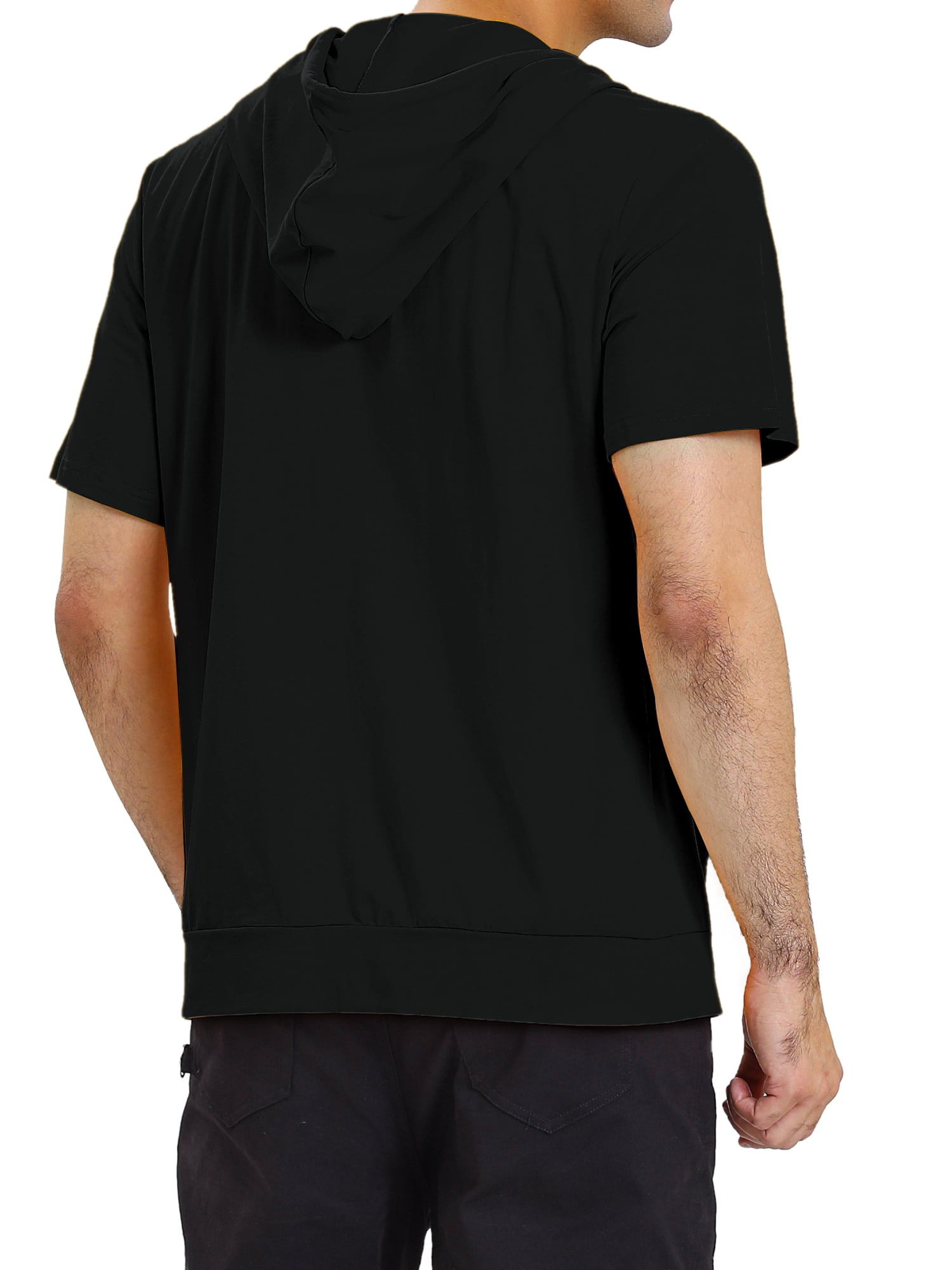 Unique Bargains Men's Short Sleeve Solid Color Zip Up Sport Hoodies M Black