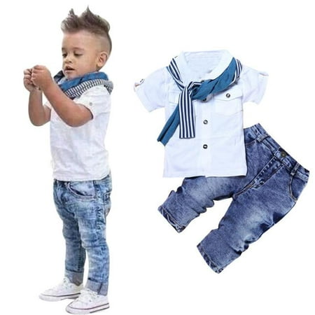 

QWERTYU Toddler Baby Child Children Kids T Shirts and Pants Set Outfits Short Sleeve Summer Clothing Set with Scarf for Boy 2Y-7Y