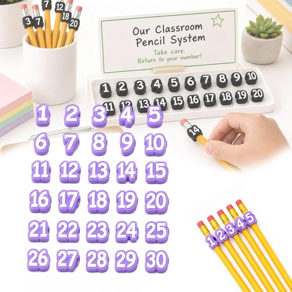 Numbered Pencil Numbered Pencil Toppers,30/50 PCS, Reusab,30/50 PCS, Reusable Classroom Pencil Labels, Number Pencil Toppers for Classroom Organization and Supply Tracking Station (Numbers 1-30/Blue)