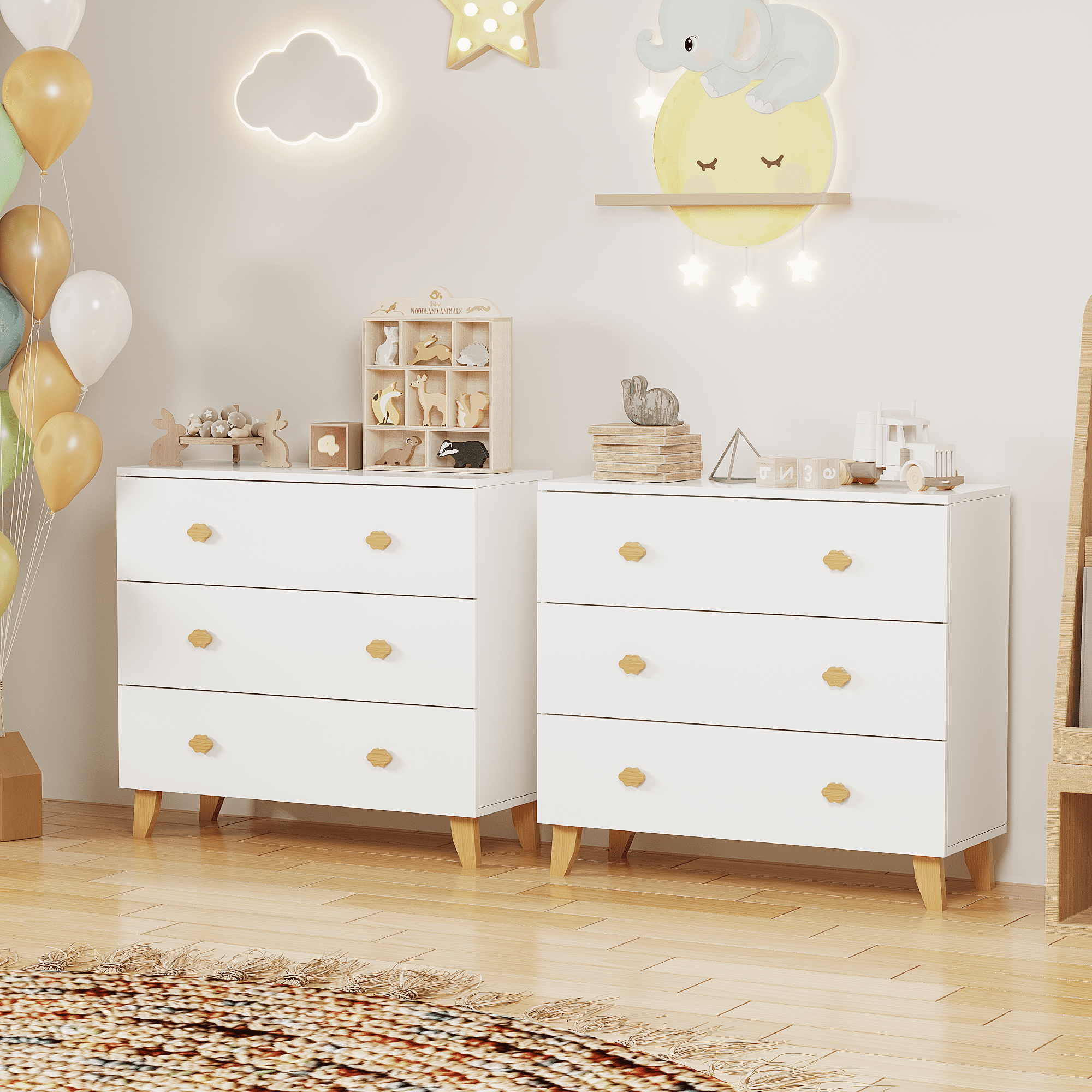Kids Dresser with 3 Drawers, Wooden Cloud Handles & Pine Legs, MDF Chest of Drawers for Kids Room, Nursery Storage Cabinet, White