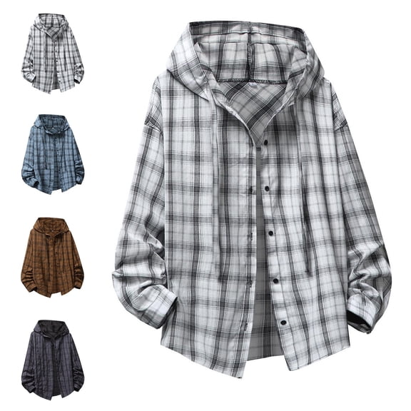 Zysthvn Lightweight Jacket Men Fall Casual Hooded Plaid Mens Outerwear Long Sleeve with Pockets Single Breasted Loose