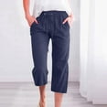 thumbnail image 2 of QATAINLAV Sweatpants for Women Cotton Linen Straight Leg Capri Pants Solid Casual Drawstring Cropped Trousers Loose Fit Wide Leg Pants with Pockets Todays Deals Navy M, 2 of 6