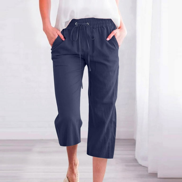 Women High Waist Cargo 3/4 Length Pants Ladies Pocket Straight Leg