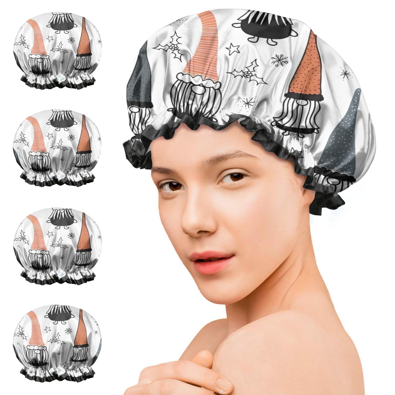 Shower Caps,White Christmas Gnome and Snowflake Pattern Waterproof Shower Cap for Women 4 Pieces,Double Reusable Hair Cover for Shower PEVA Elastic Stretch Hem