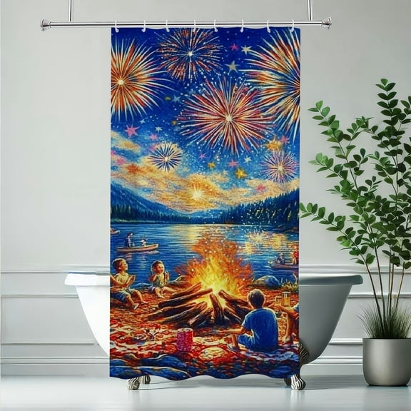 RKSupls Waterproof Shower Curtain, Lake Campfire Fireworks Polyester Shower Curtain with Hooks for Chic Elegant Home Bathtub Bathroom Decor Washable