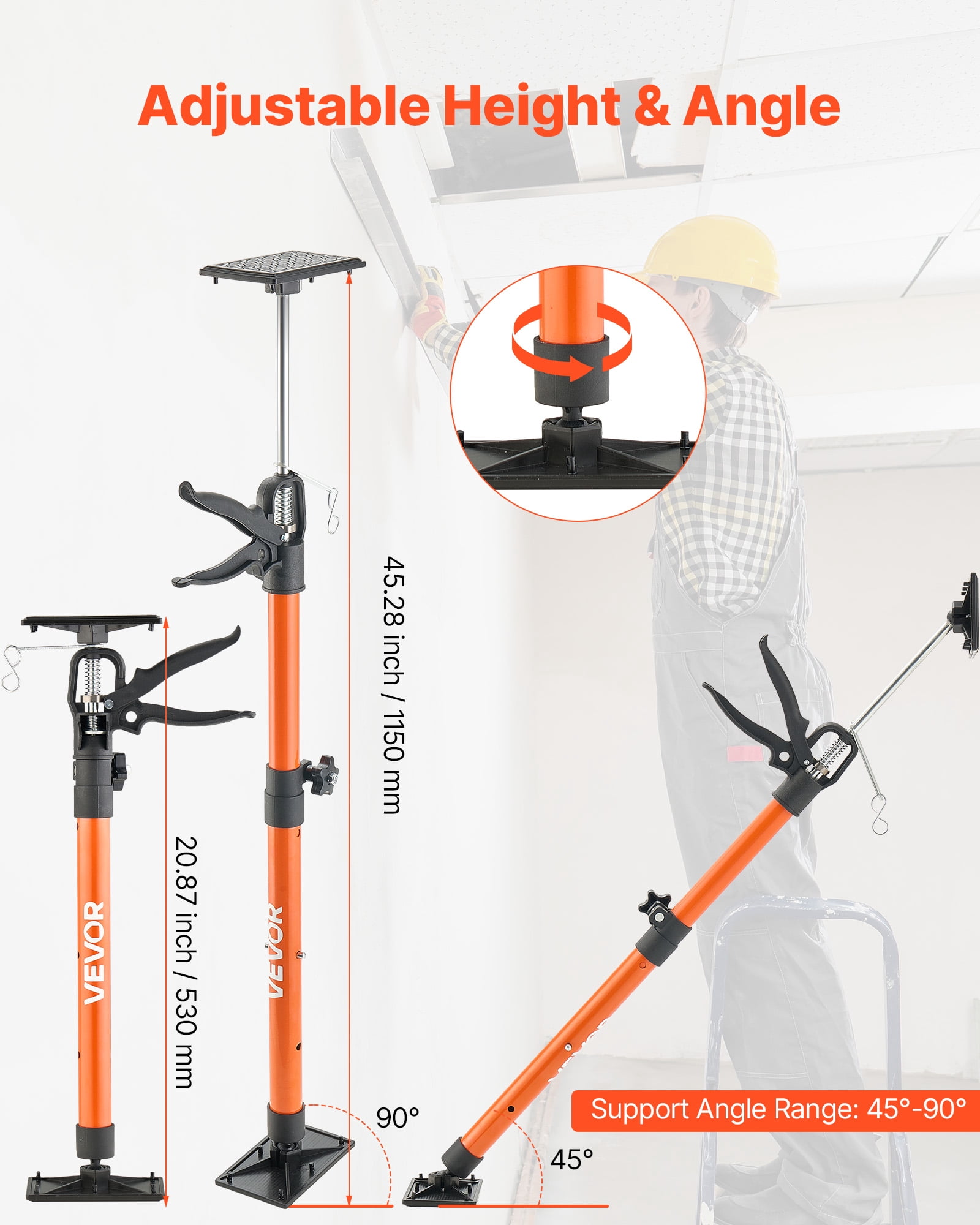 VEVOR Cabinet Jack Support Pole, 2-Pack, 21.3-60 Inch Steel Telescopic Quick Support Rod, Adjustable 3rd Hand System up to 154 lbs Capacity for Installing Cabinets, Lifting Drywall, Cargo Bars