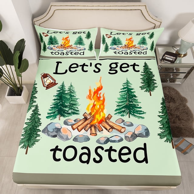 Erosebridal Happy Camping Fitted Sheet Queen, RV Car Fitted Sheet Set Queen, Rustic Farmhouse Decor 3pcs(No Top Sheet)