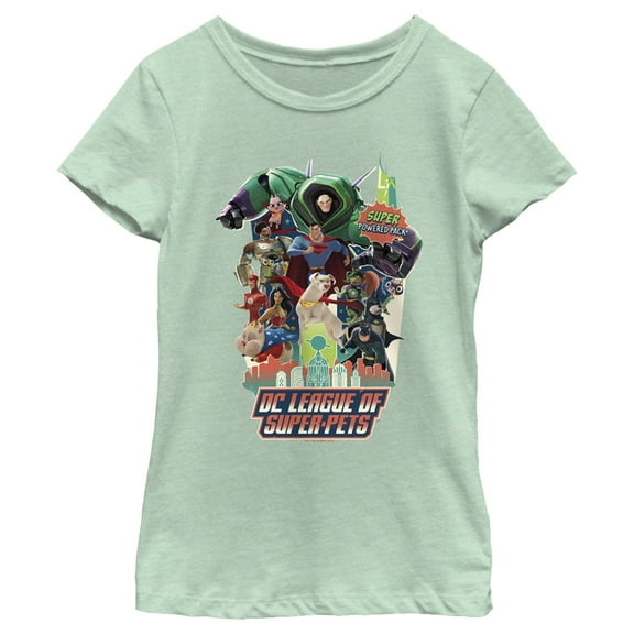 Girl's DC League of Super-Pets Character Collage Super Pack Graphic Tee Mint Medium