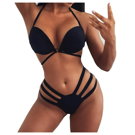 Gubotare Womens 2 Piece Sexy Thong Bikini Cheeky Swimsuits String Push up Padded Suit Black L